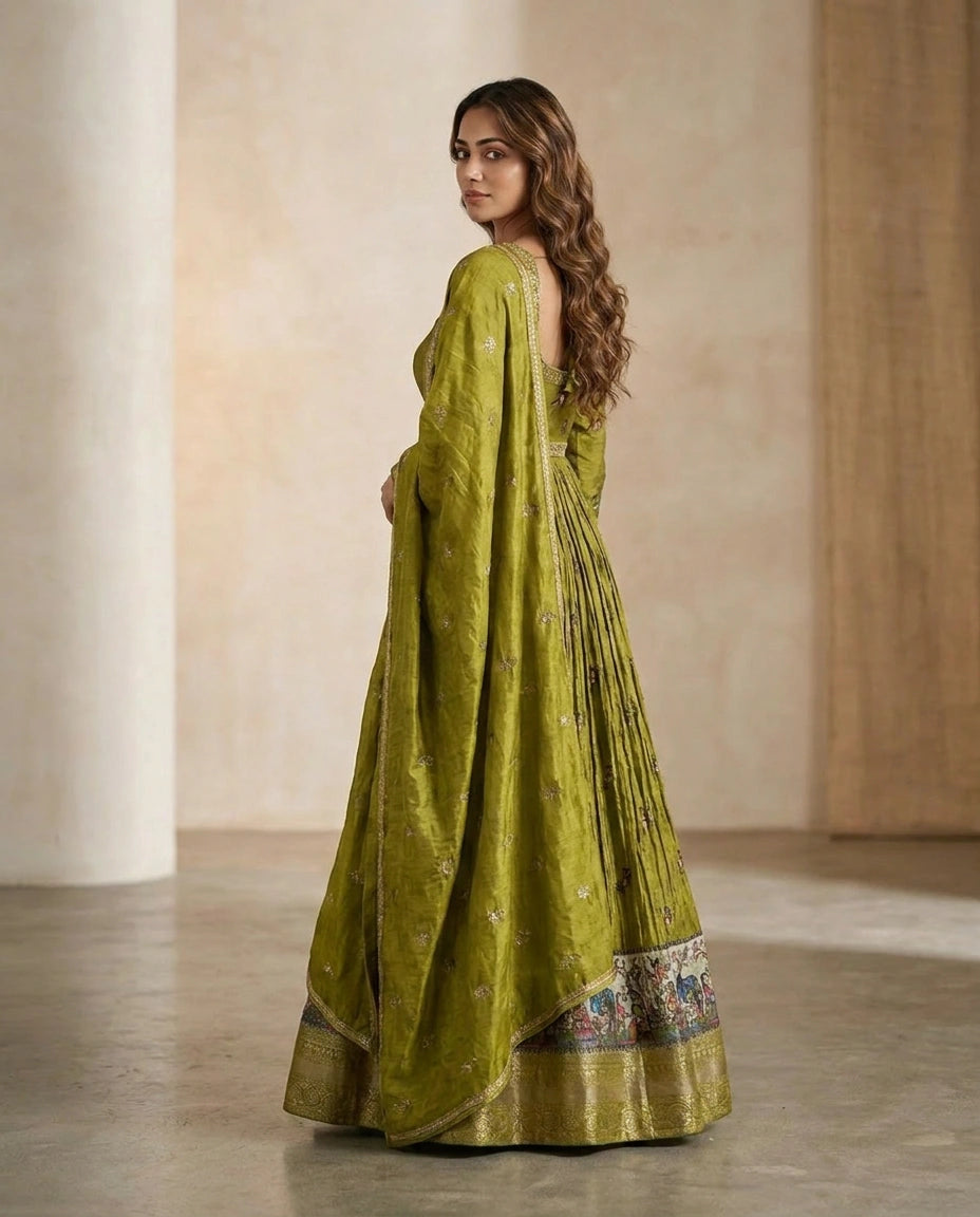 Olive Green Dola Silk Anarkali Gown with Floor-Length Flare view 4