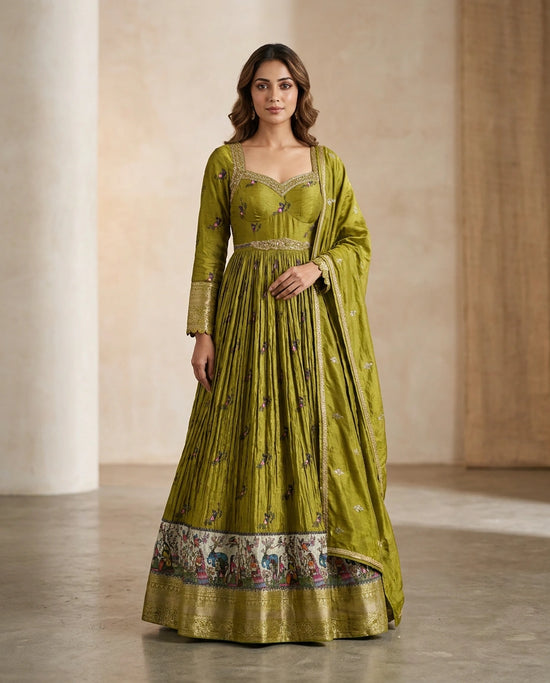 Olive Green Dola Silk Anarkali Gown with Floor-Length Flare - Rangoli India