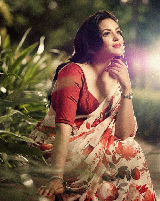 Off White/Red Georgette Printed Saree - georgette; synthetic Indian ethnic wear by Rangoli