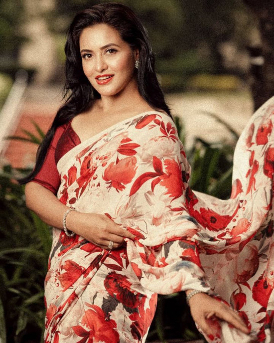 Off White/Red Georgette Printed Saree - georgette; synthetic Indian ethnic wear by Rangoli