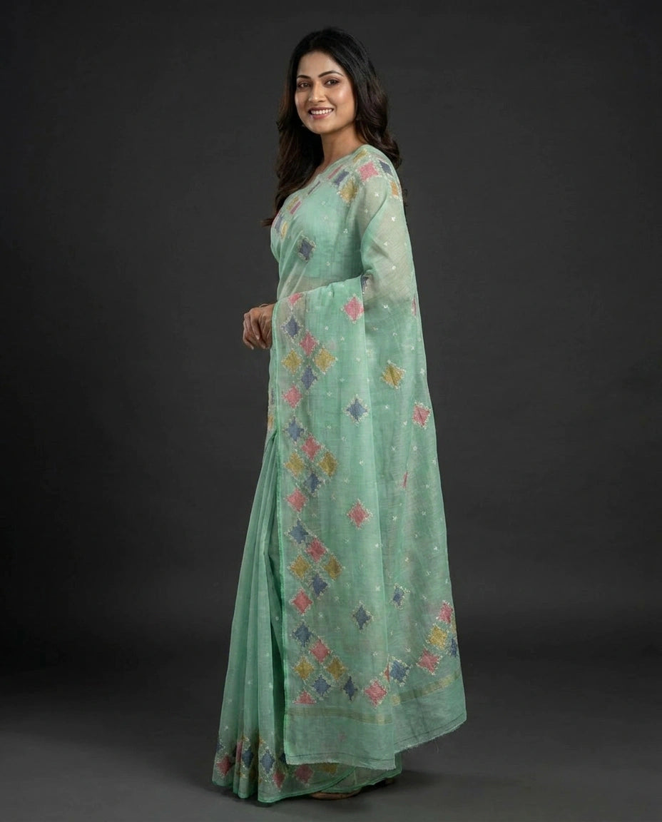 Cotton Saree with Floral Print - Rangoli India