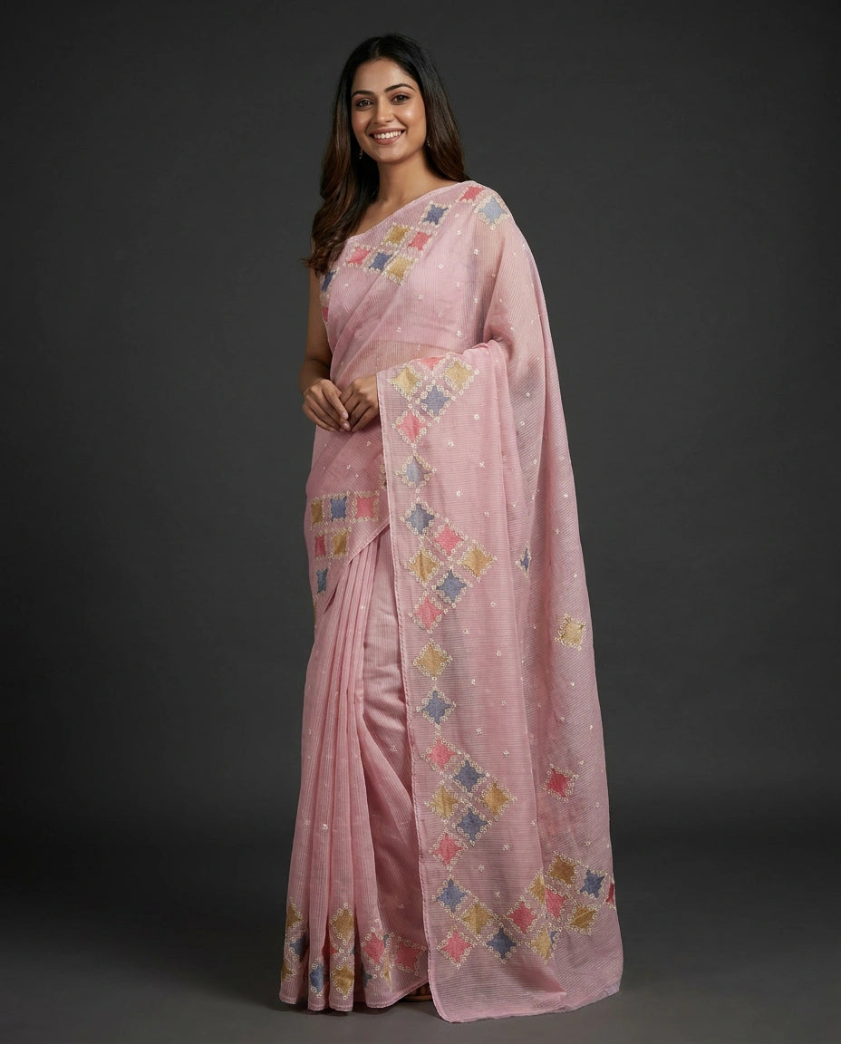 Cotton Saree with Floral Print - Rangoli India