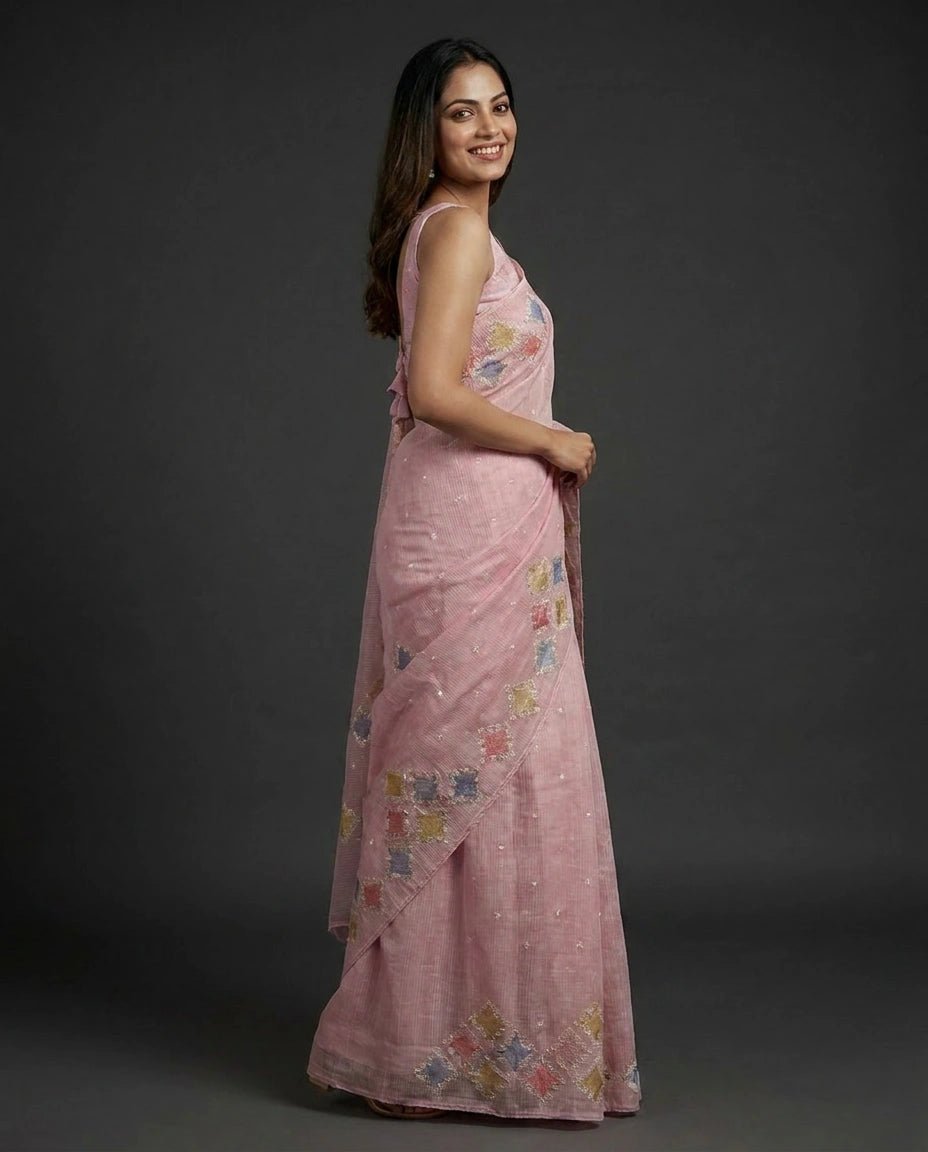 Cotton Saree with Floral Print - Rangoli India