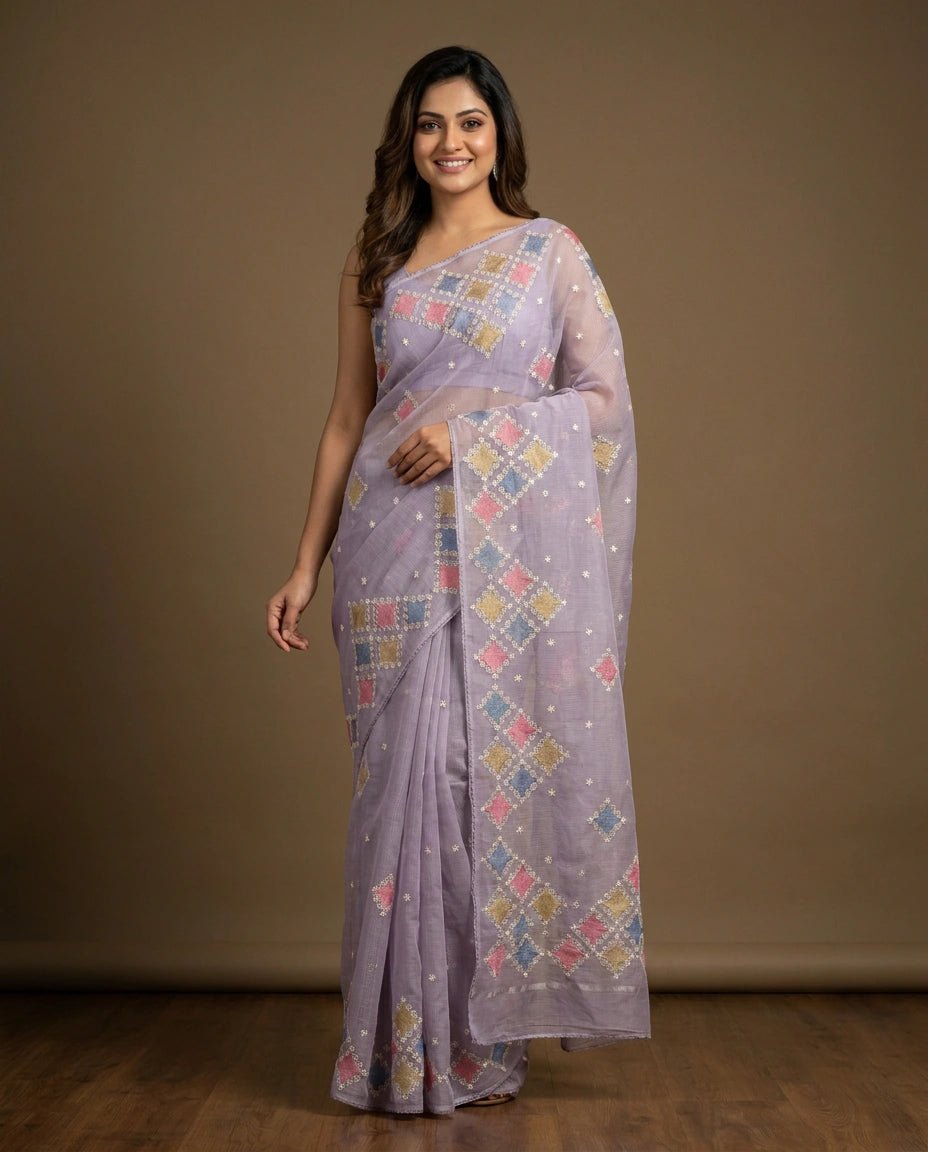 Cotton Saree with Floral Print - Rangoli India