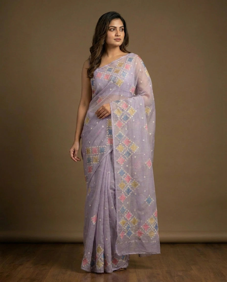 Cotton Saree with Floral Print - Rangoli India