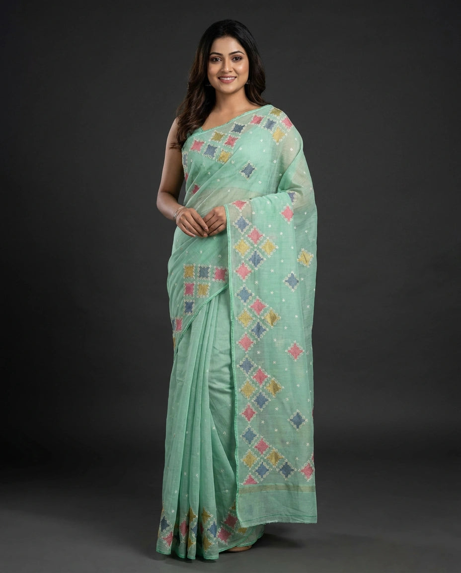 Cotton Saree with Floral Print - Rangoli India