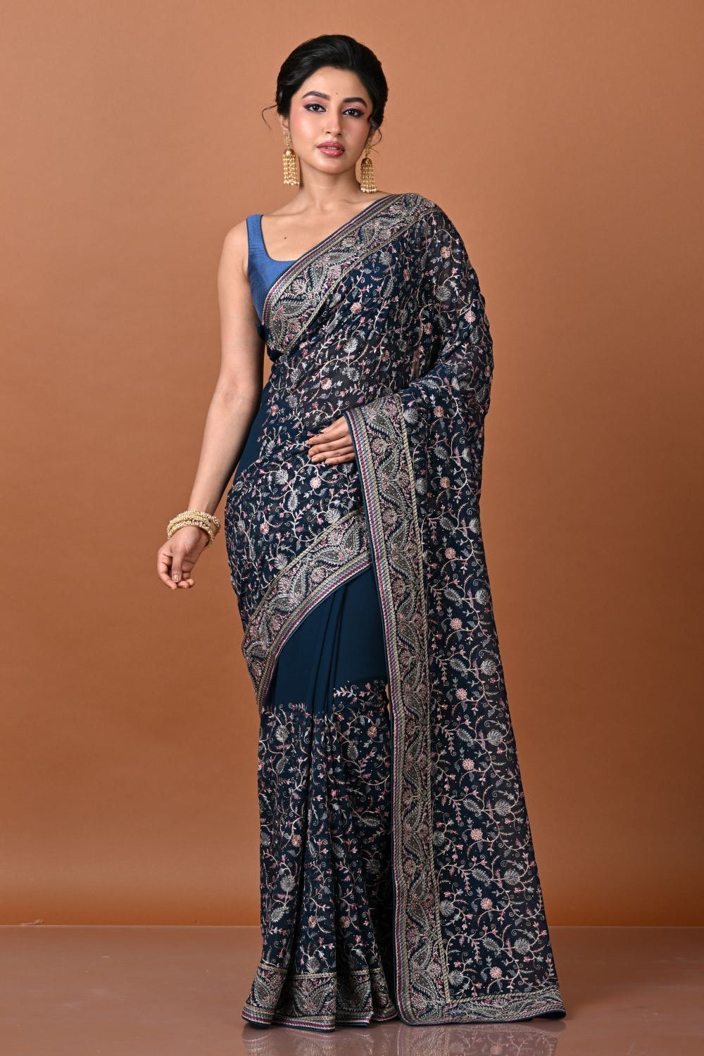 Peacock Blue Georgette Embroidery Saree