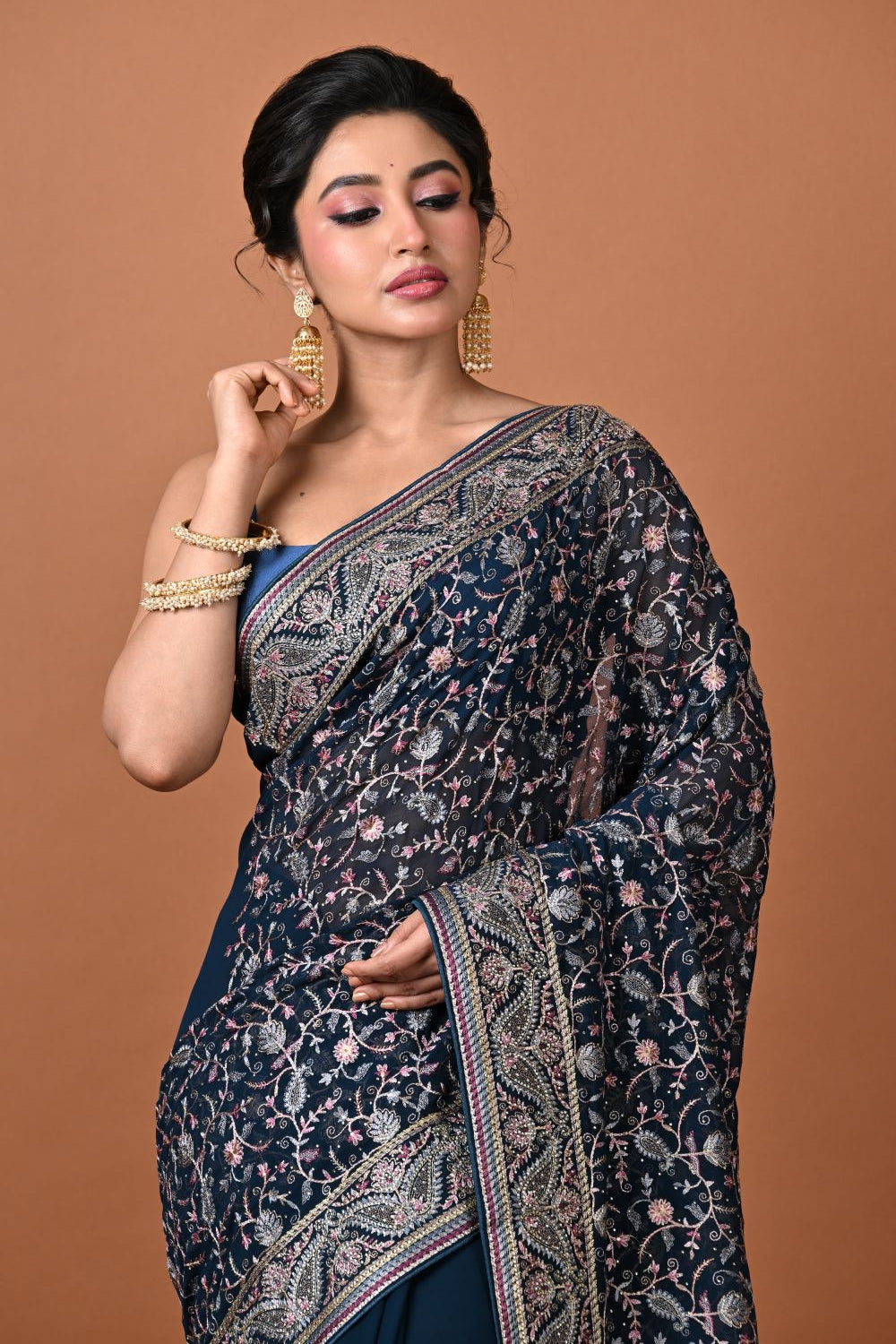 Peacock Blue Georgette Embroidery Saree
