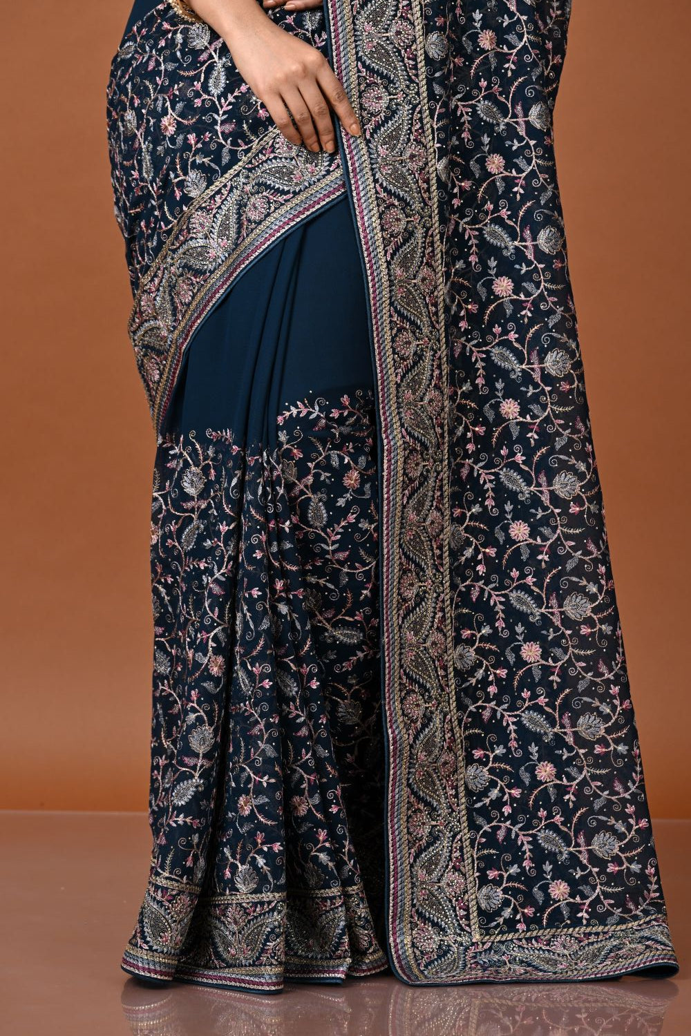 Peacock Blue Georgette Embroidery Saree