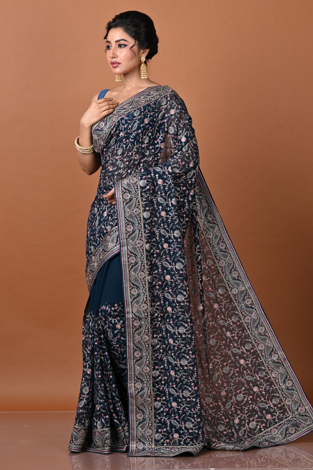 Peacock Blue Georgette Embroidery Saree