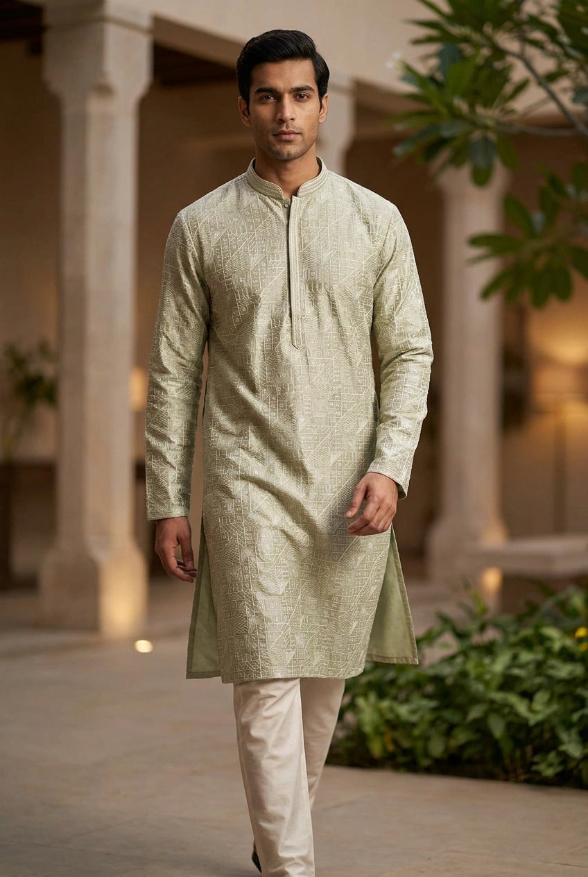 Tussar Silk Kurta Set with Self Weave for Reception Wear