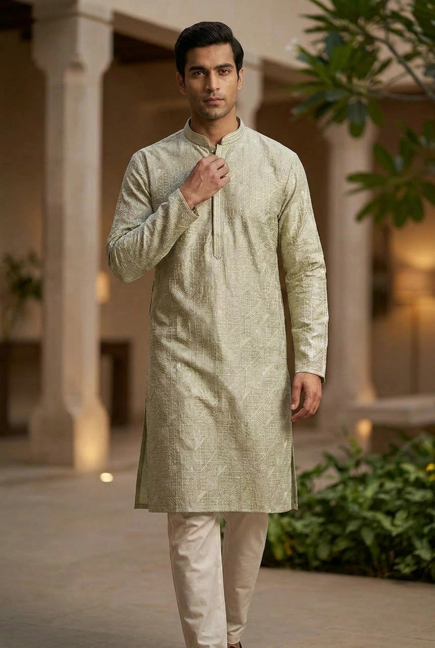 Tussar Silk Kurta Set with Self Weave for Reception Wear