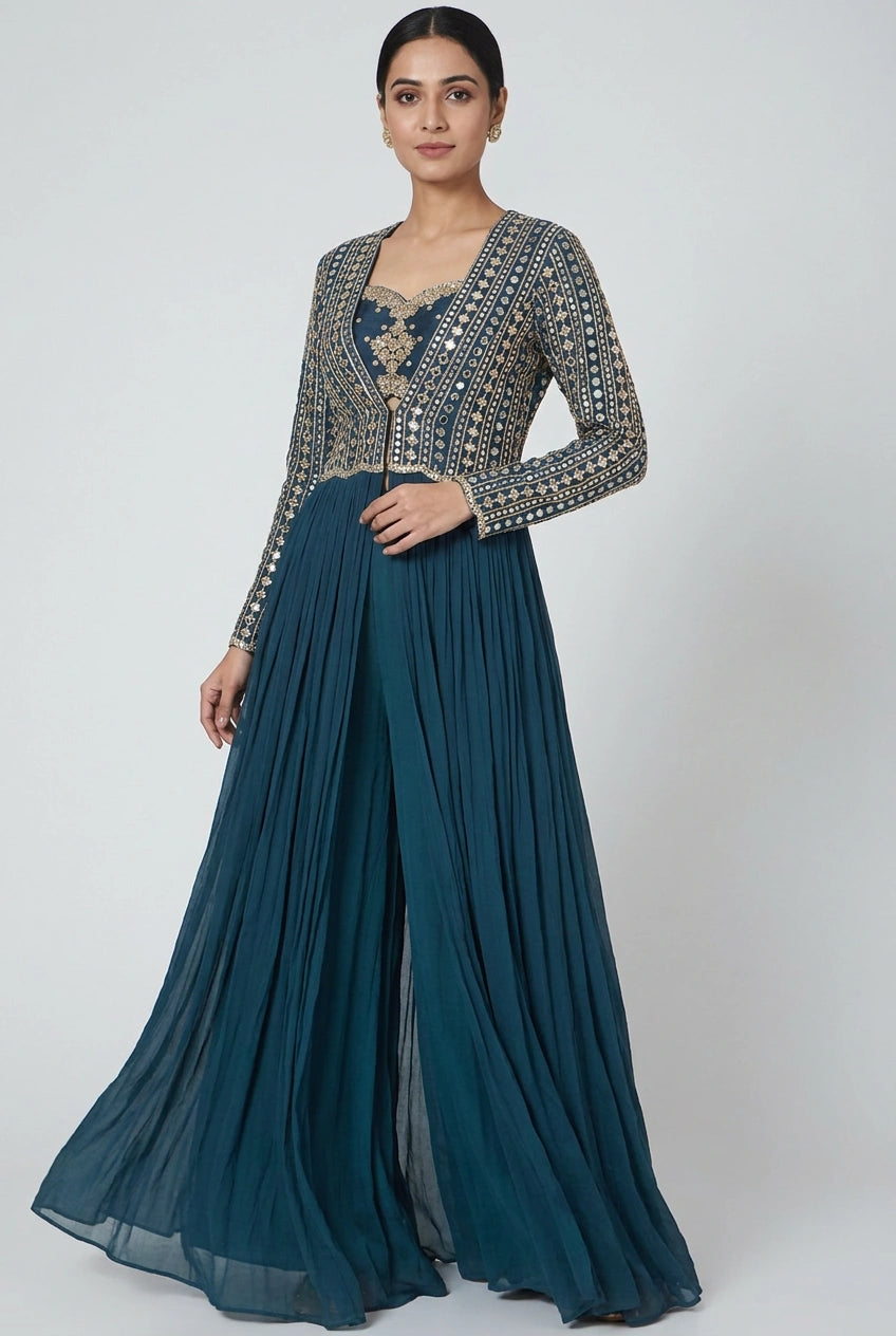 Peacock Blue Georgette Jacket Palazzo Set for Festive Wear