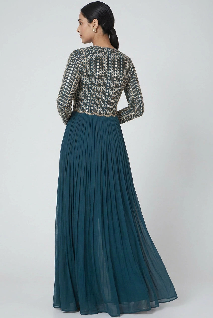 Peacock Blue Georgette Jacket Palazzo Set for Festive Wear