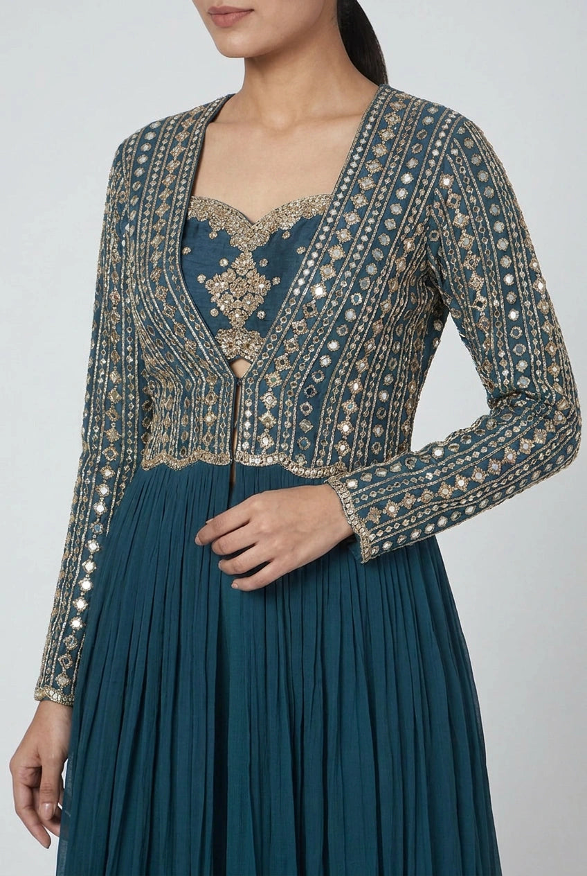 Peacock Blue Georgette Jacket Palazzo Set for Festive Wear