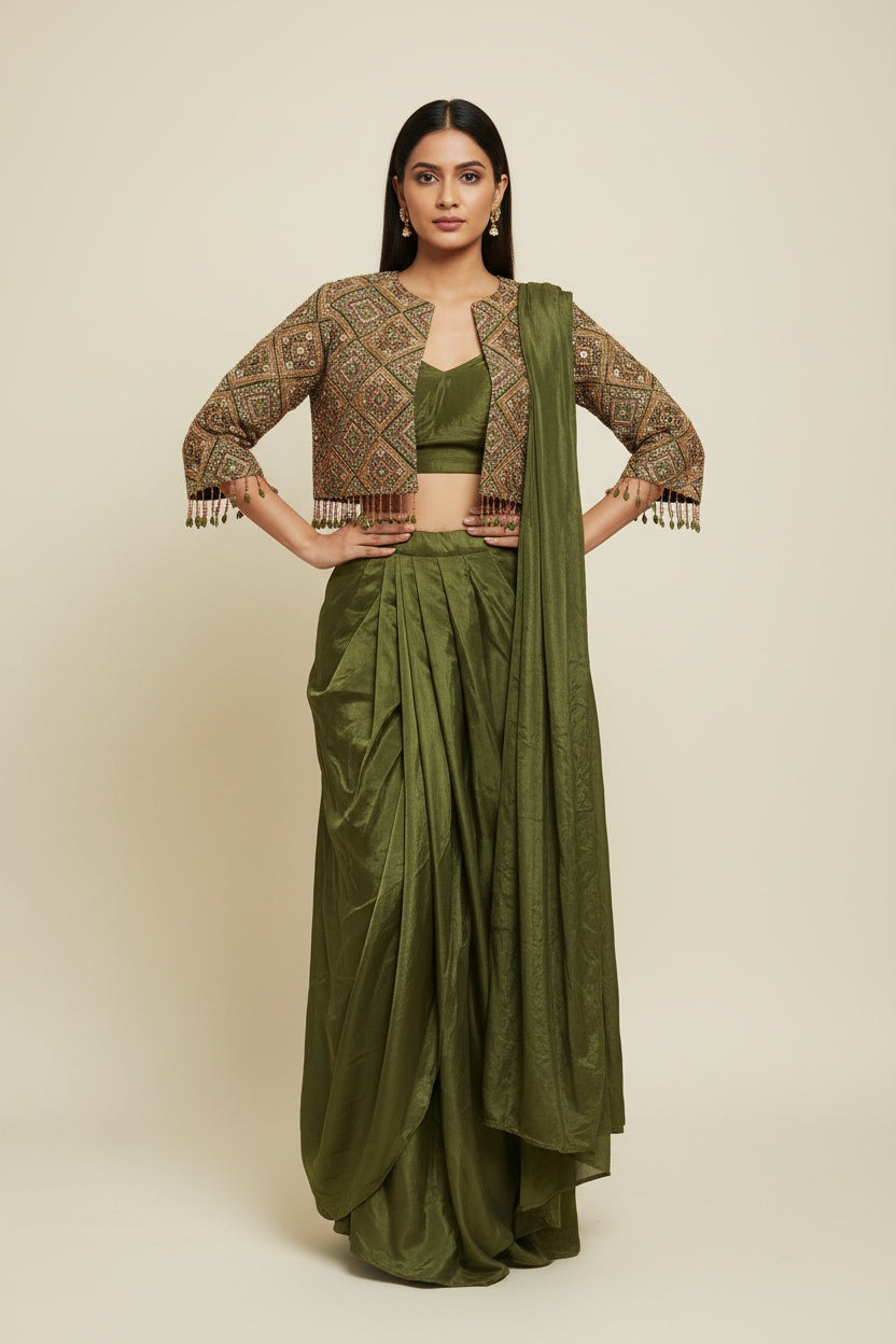 Modern Olive Green Drape Skirt Set with Statement Jacket