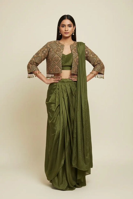 Mehandi Olive Green Silk Drape Skirt Set with Embroidered Mirror Work Jacket Indo Western - Rangoli India