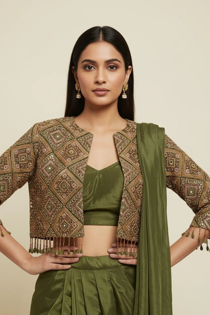 Woman wearing a green and patterned outfit on a beige background