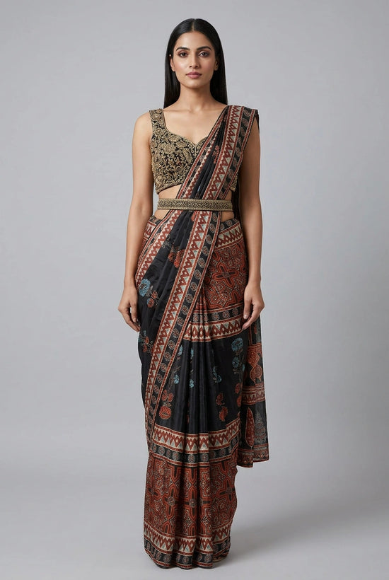 Black Satin Drape Saree Pre-Pleated Drape for Cocktail Night
