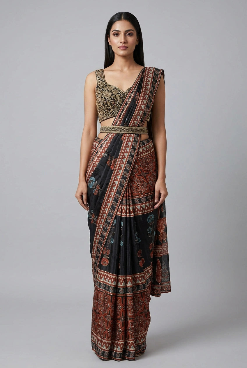 Black Satin Drape Saree Pre-Pleated Drape for Cocktail Night