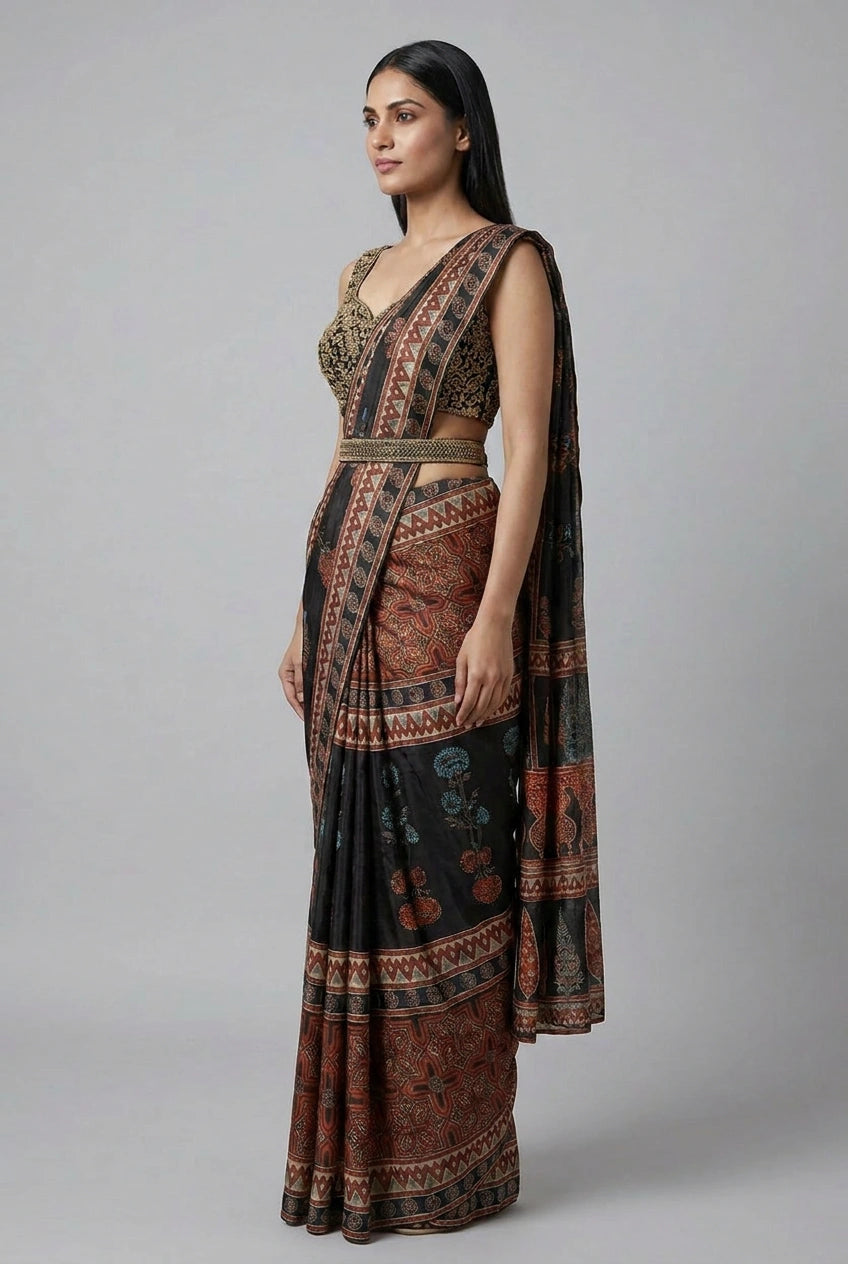 Black Satin Drape Saree Pre-Pleated Drape for Cocktail Night