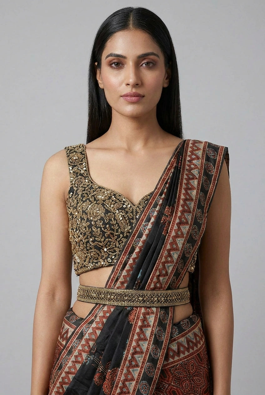 Black Satin Drape Saree Pre-Pleated Drape for Cocktail Night