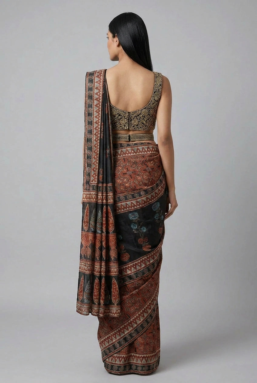 Black Satin Drape Saree Pre-Pleated Drape for Cocktail Night