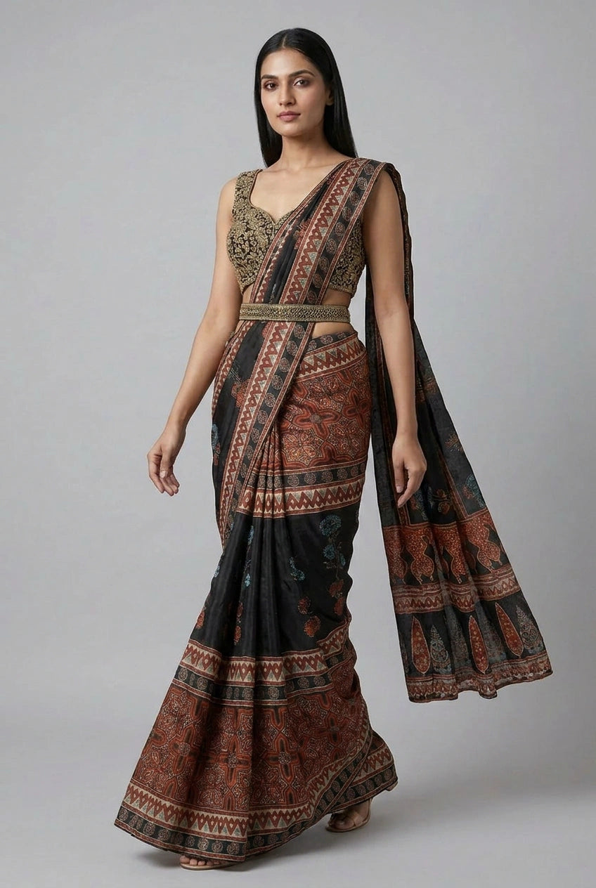 Black Satin Drape Saree Pre-Pleated Drape for Cocktail Night