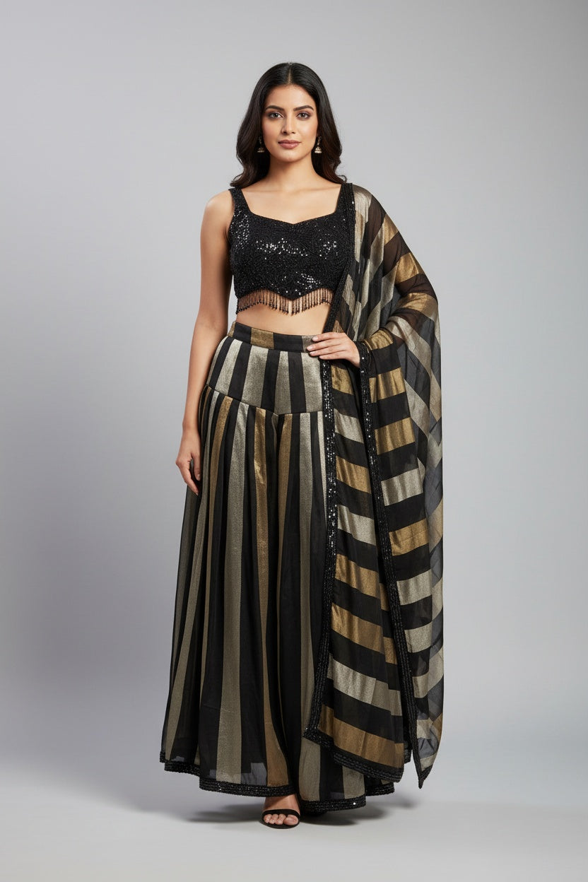 Designer Black Gold Striped Drape Saree with Statement Blouse