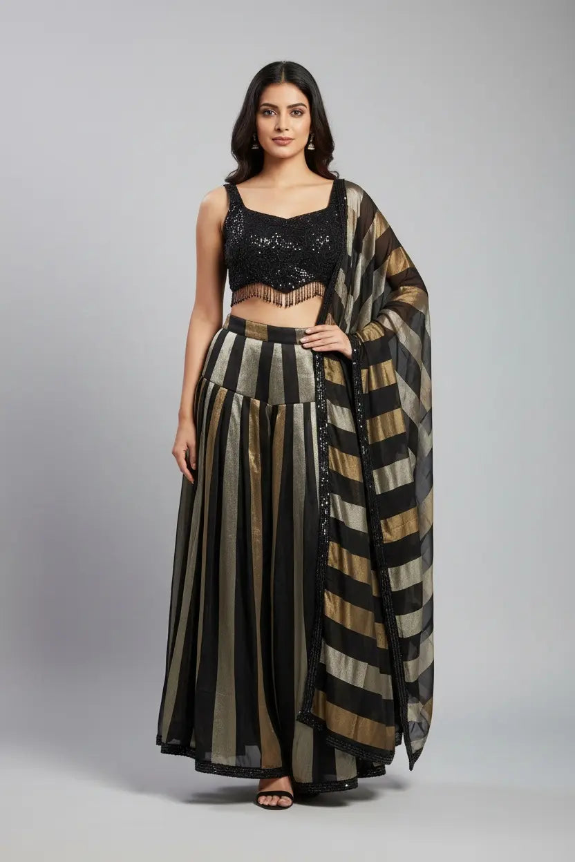 Woman wearing a black and gold traditional outfit with a striped drape on a gray background