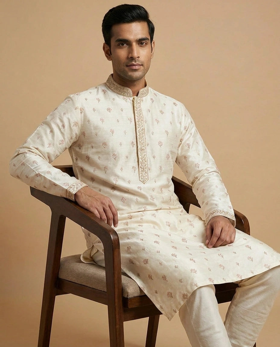 Burgundy Off White Cotton Kurta Set for Festive Wear