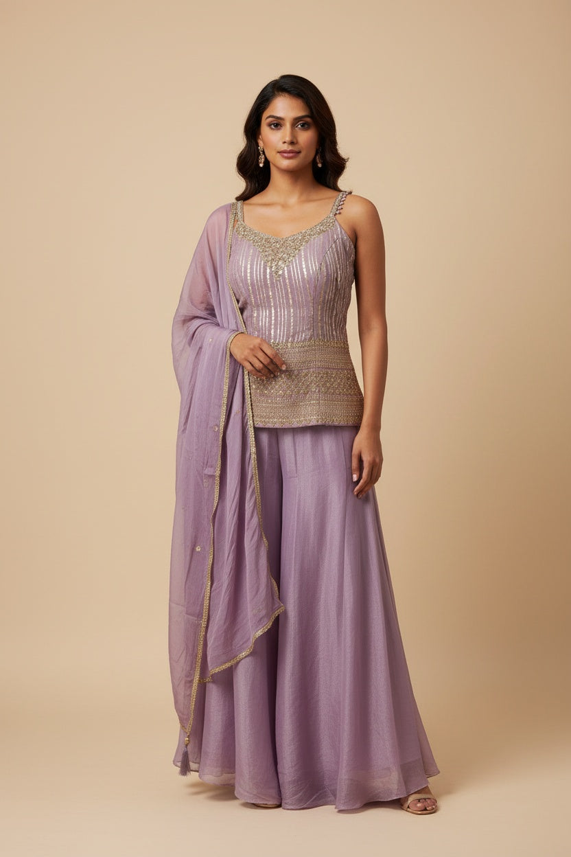 Elegant Lavender Silk Kurta Set with Flared Palazzo Pants