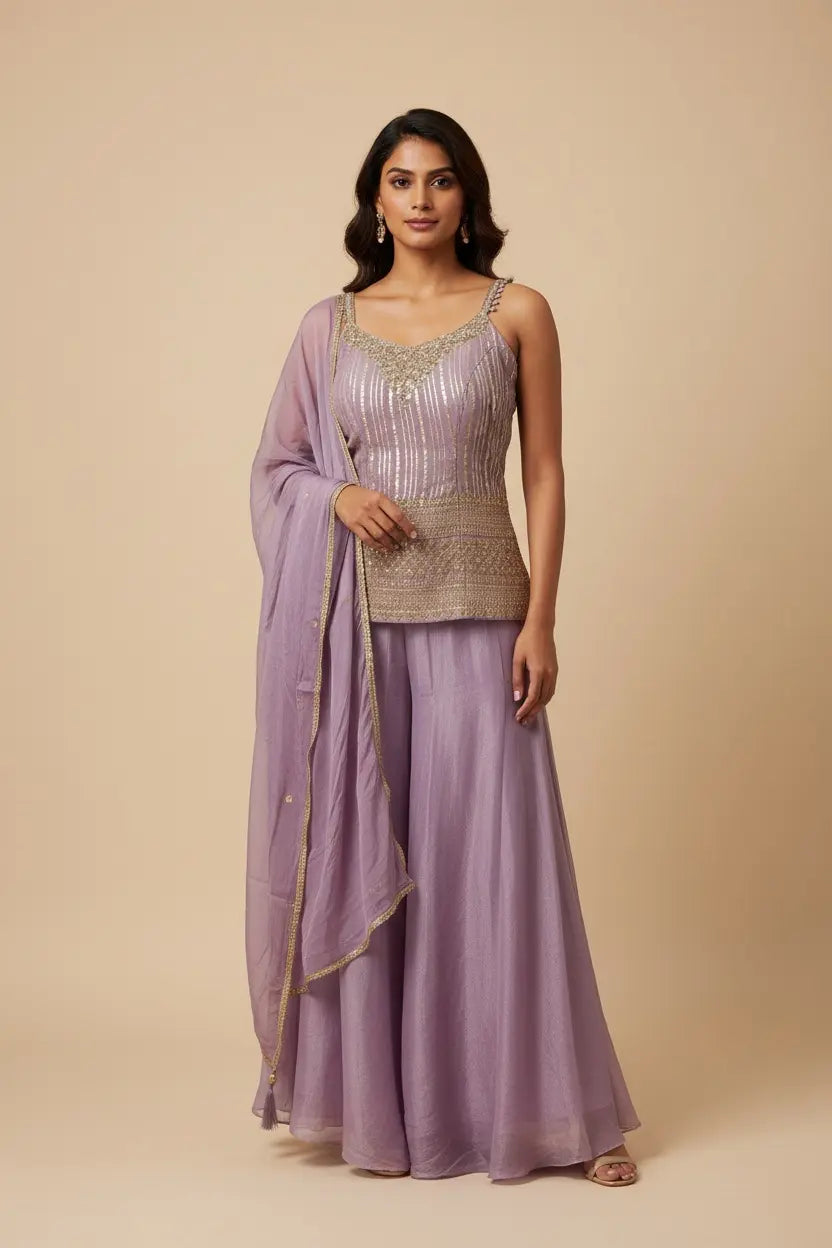 Woman wearing a lavender saree with a matching blouse on a beige background