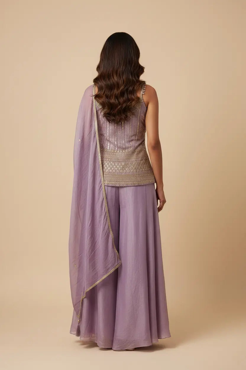Woman wearing a purple traditional outfit with a beige background