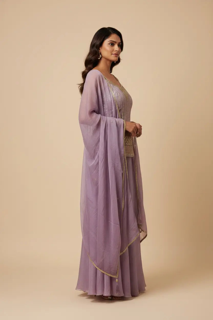 Woman wearing a lavender saree with a beige background