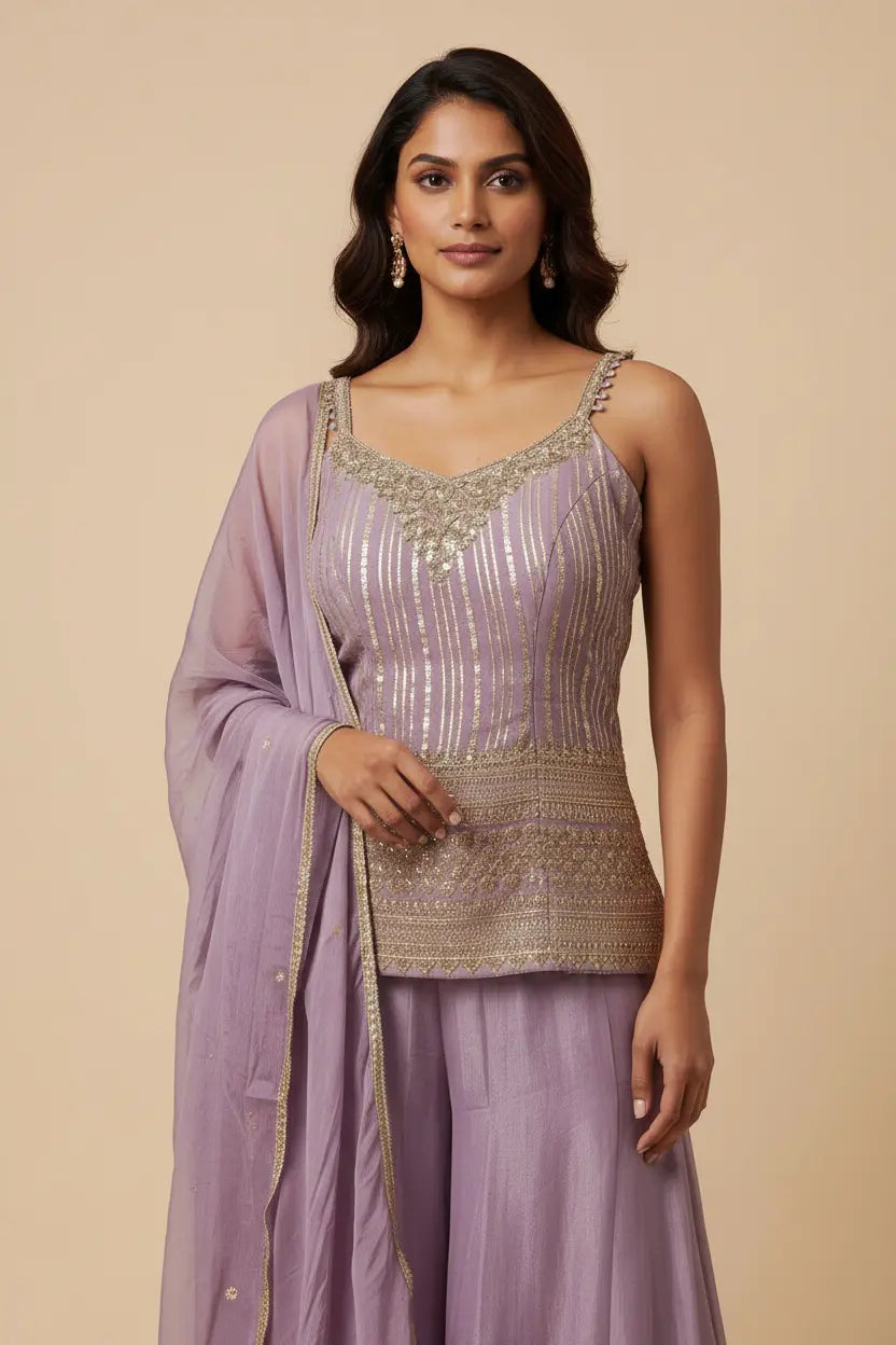 Woman wearing a lavender traditional outfit with gold detailing on a beige background