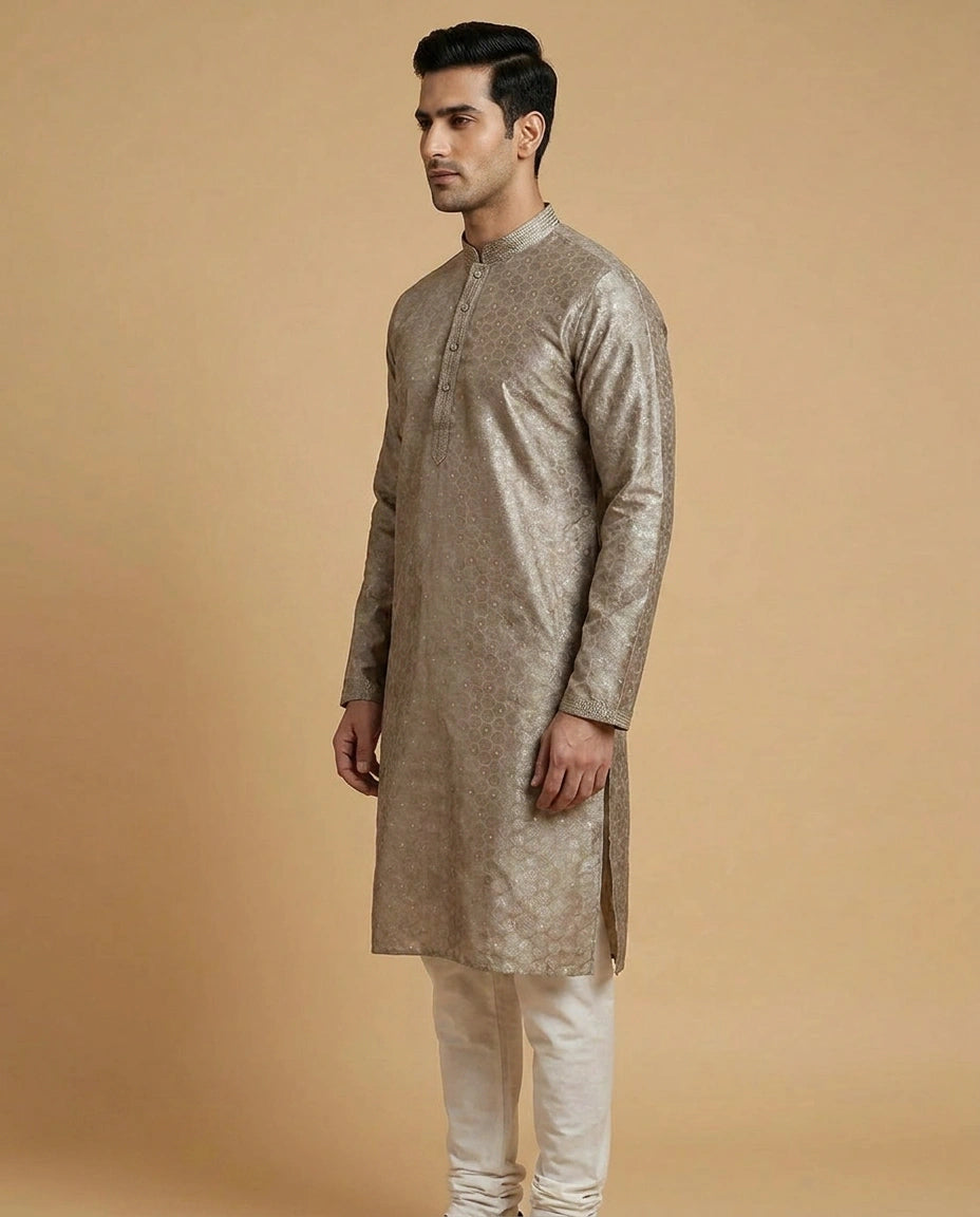 Tussar Silk Kurta Pyjama Set for Men with Mandarin Collar view 2