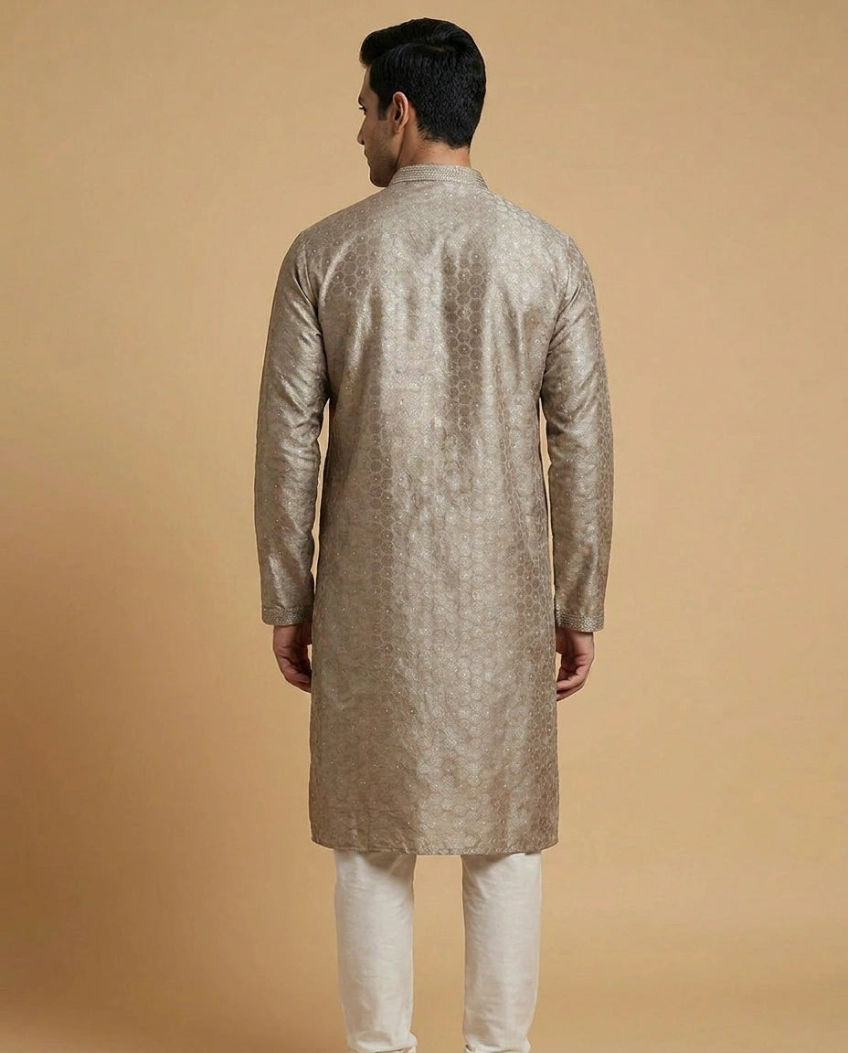 Tussar Silk Kurta Pyjama Set for Men with Mandarin Collar view 3
