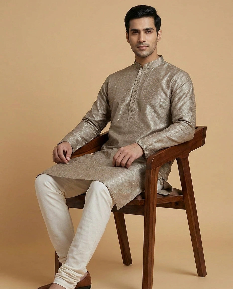 Tussar Silk Kurta Pyjama Set for Men with Mandarin Collar view 4