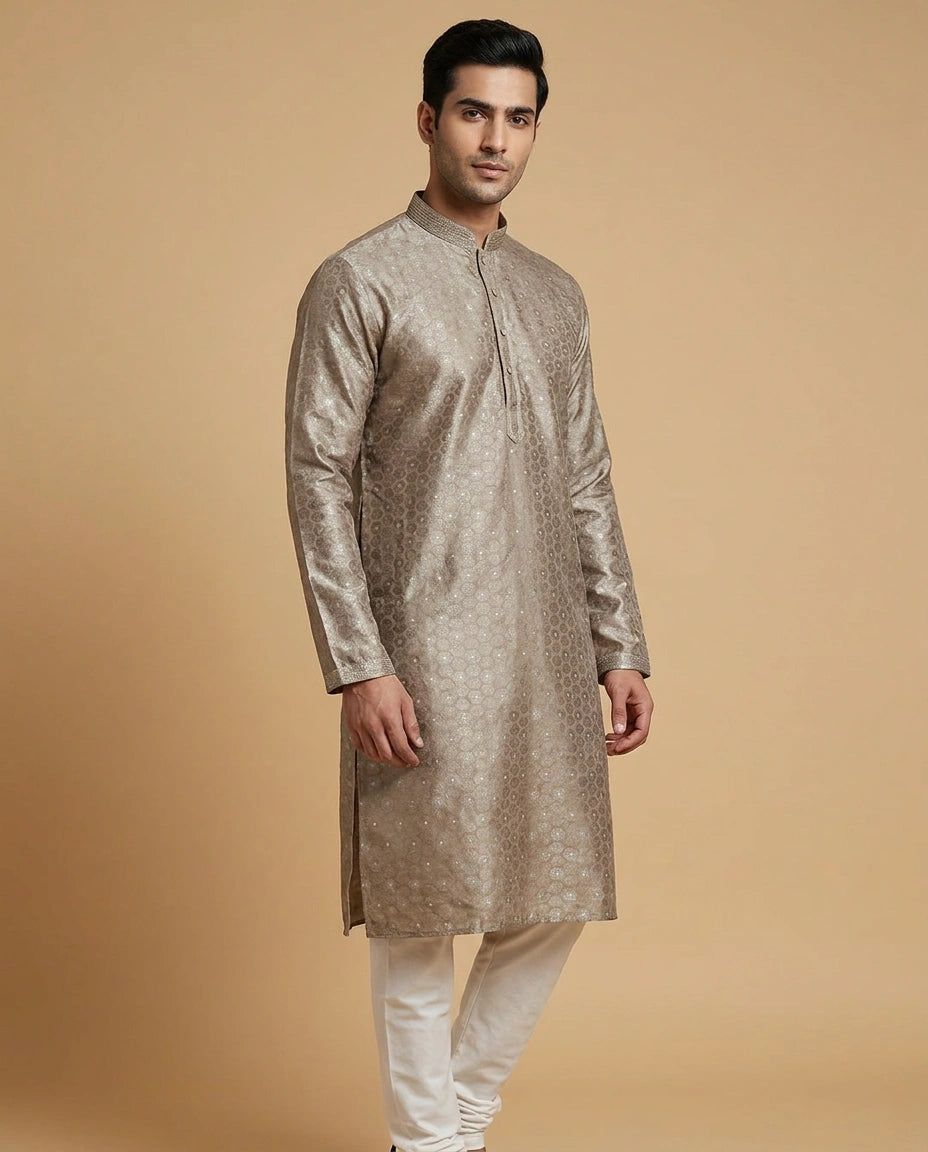 Beige Tussar Silk Kurta Pyjama Set for Men with Mandarin Collar