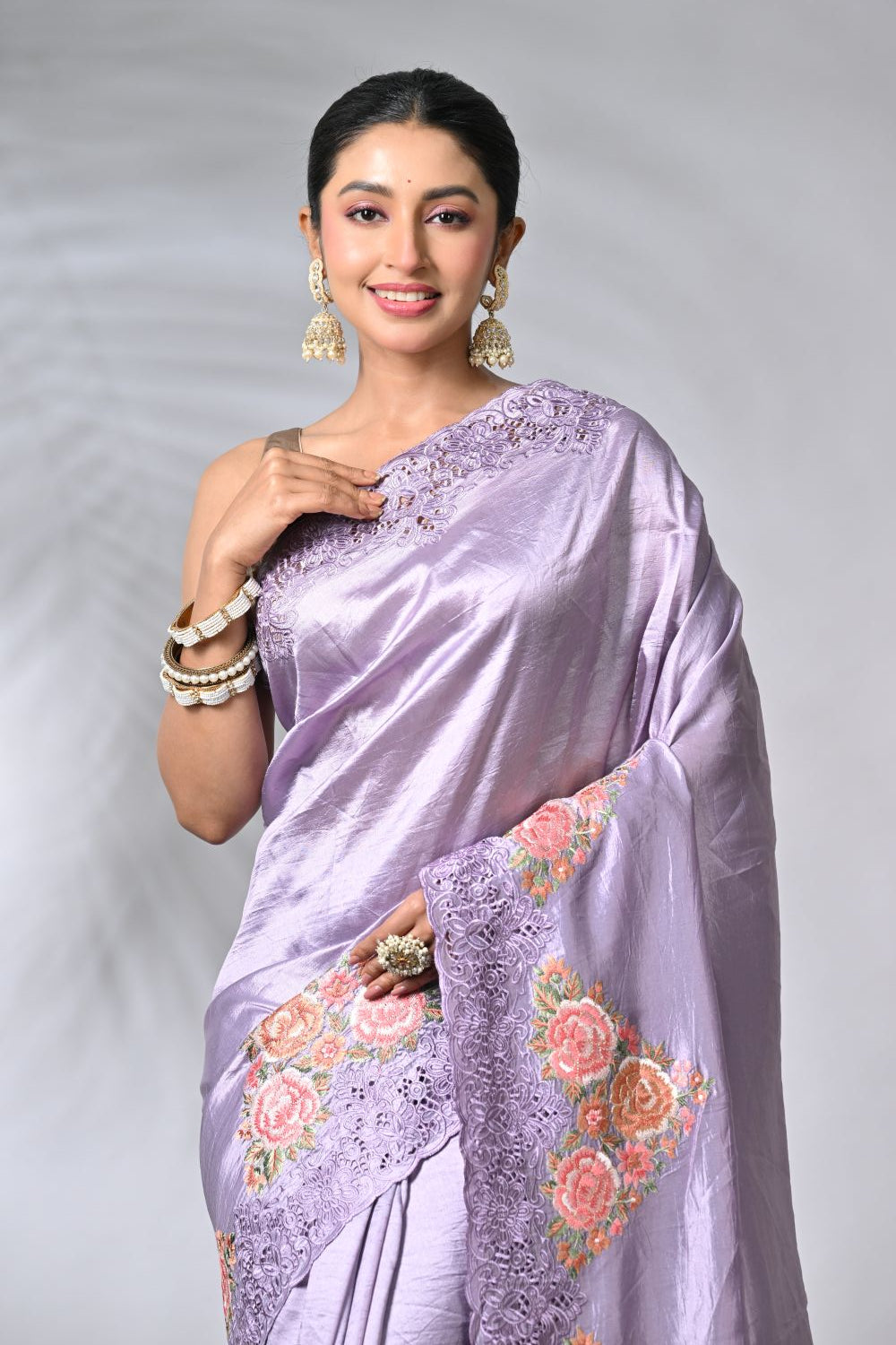 Elegant Mauve Tussar Silk Embroidery Saree