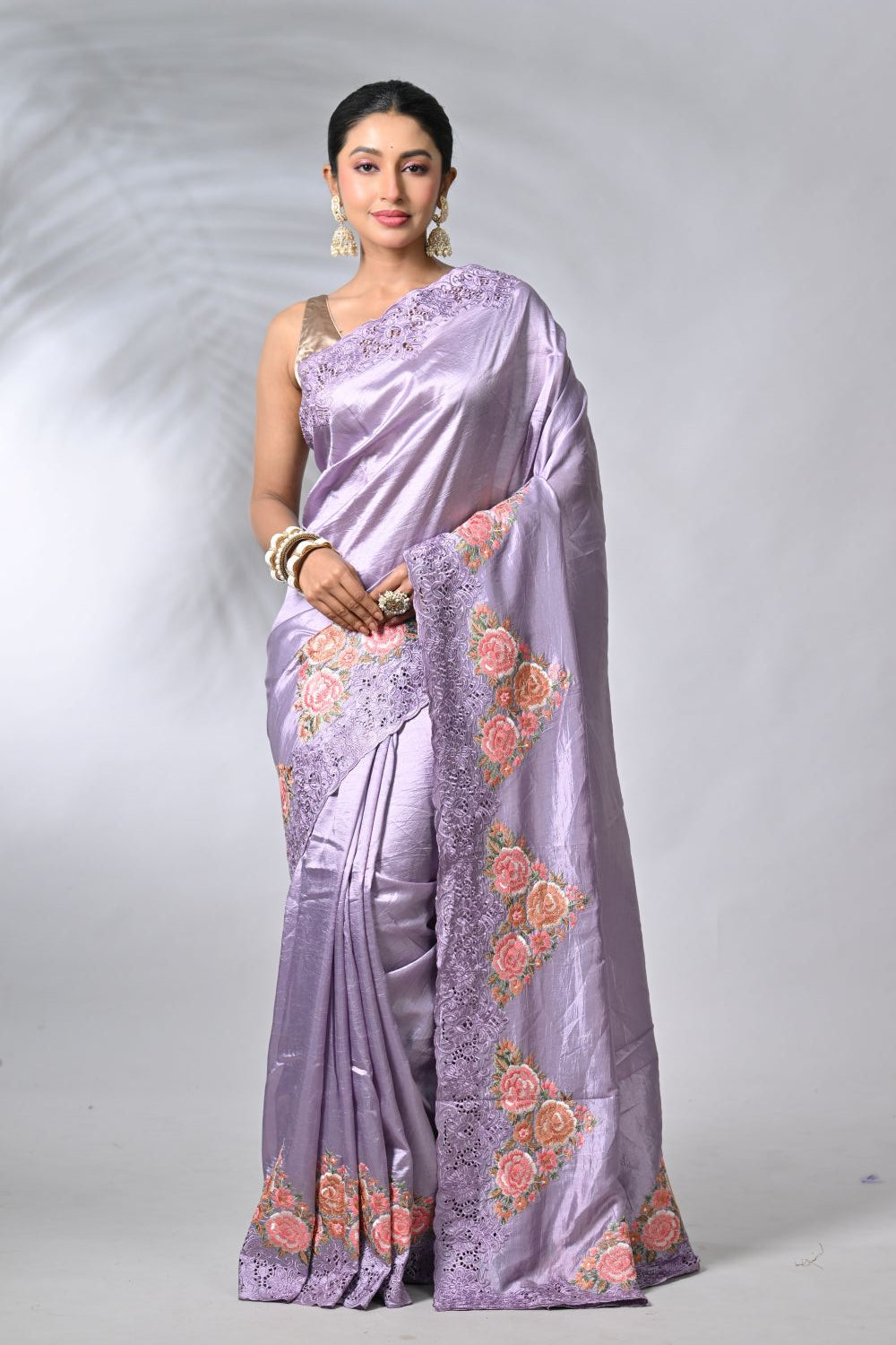 Elegant Mauve Tussar Silk Embroidery Saree
