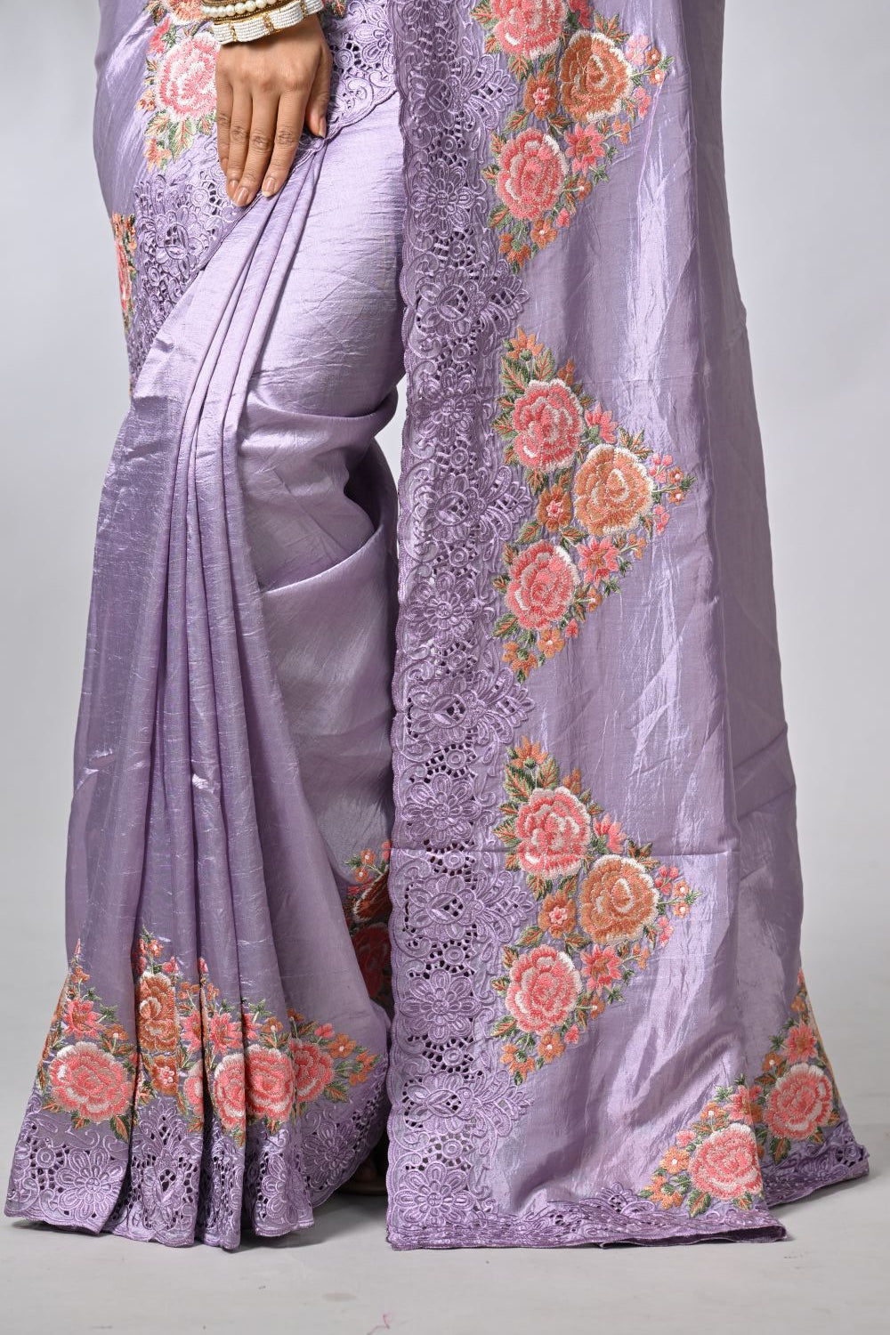 Elegant Mauve Tussar Silk Embroidery Saree