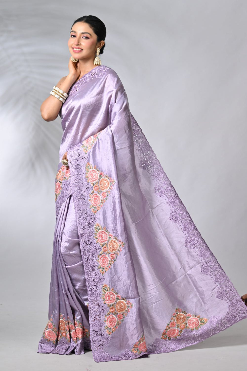 Elegant Mauve Tussar Silk Embroidery Saree