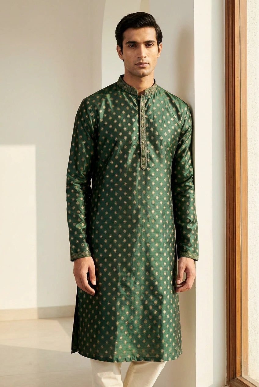 Bottle Green Cotton Kurta Set with Mandarin Collar for Summer Wear