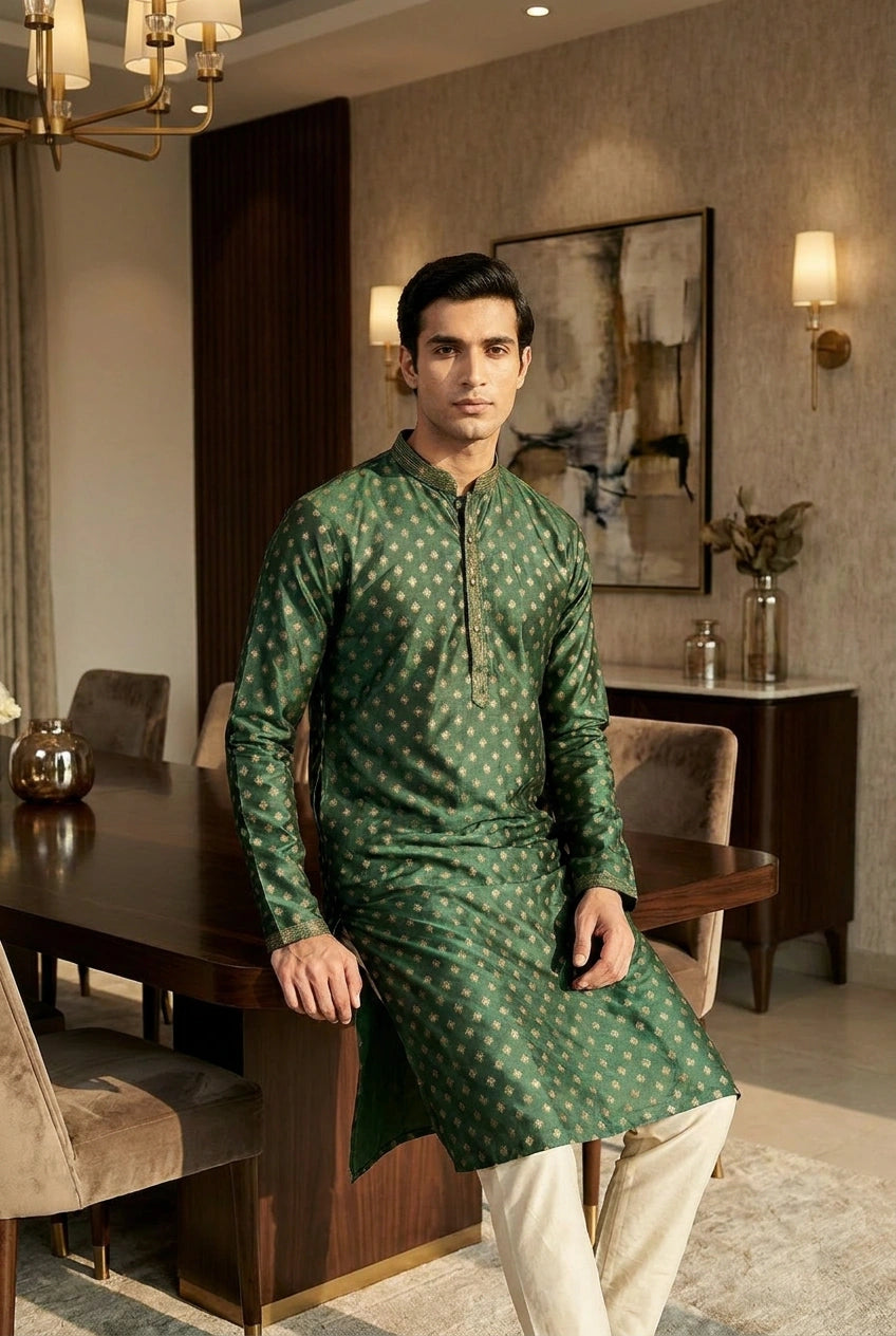 Bottle Green Cotton Kurta Set with Mandarin Collar for Summer Wear