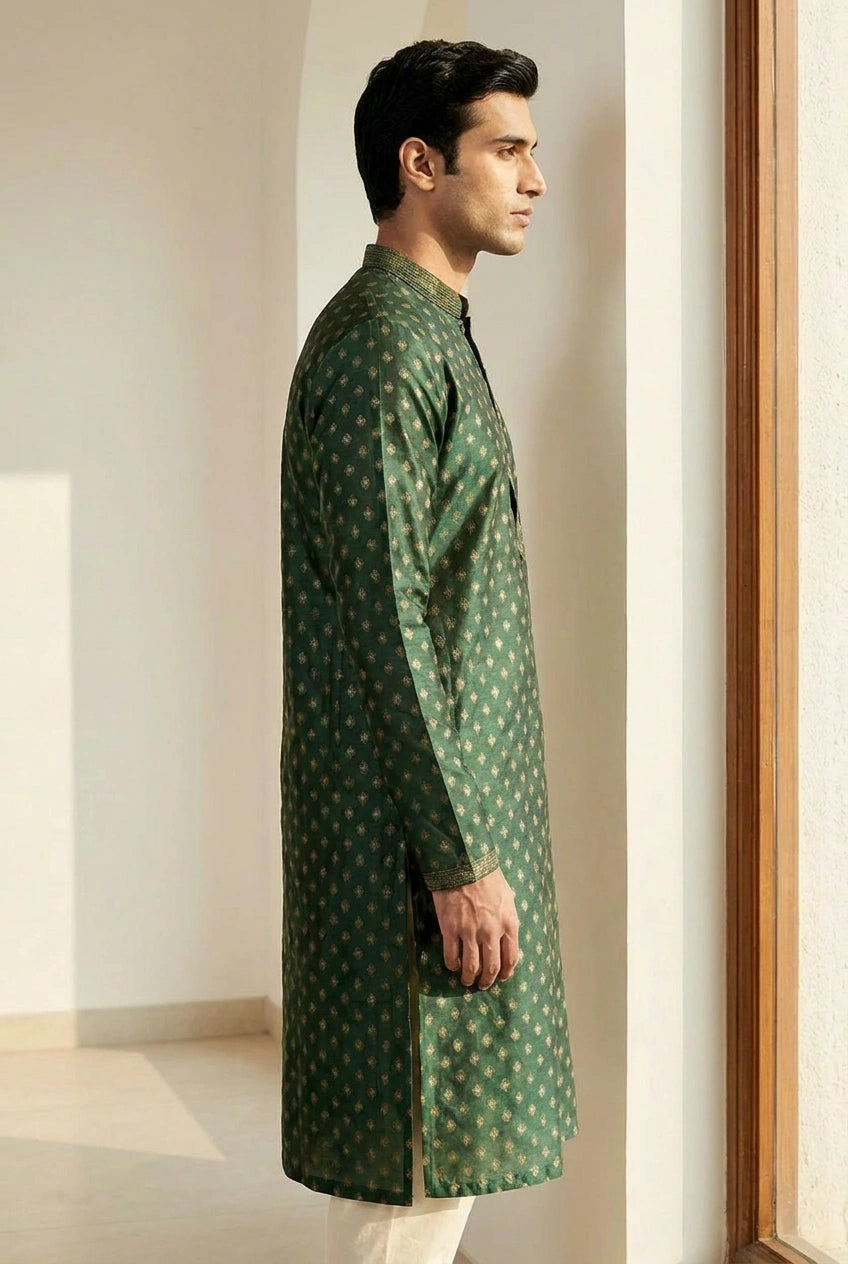 Bottle Green Cotton Kurta Set with Mandarin Collar for Summer Wear
