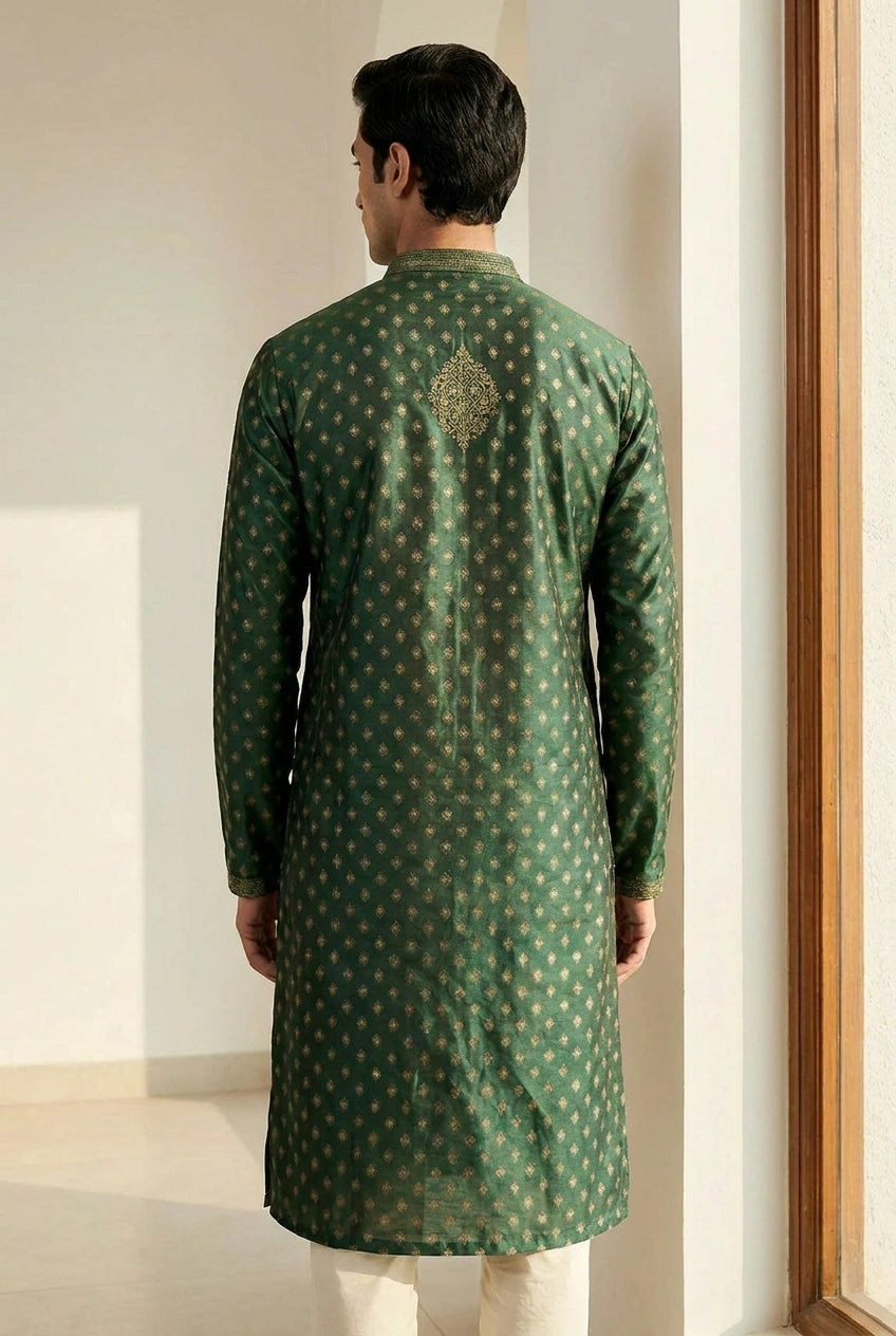 Bottle Green Cotton Kurta Set with Mandarin Collar for Summer Wear