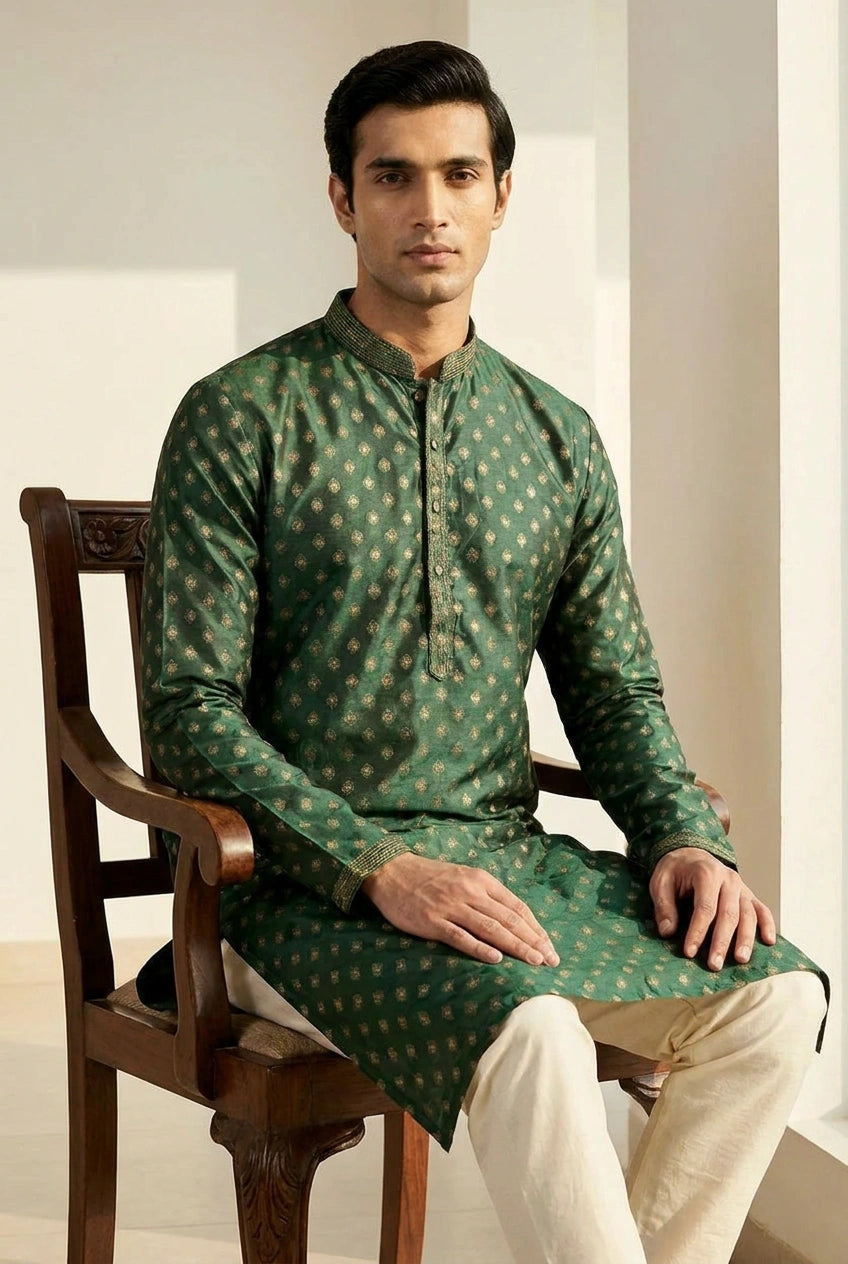 Bottle Green Cotton Kurta Set with Mandarin Collar for Summer Wear