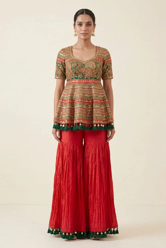 Rani Pink Chinon Peplum Sharara Set with Multicolour Sequin Embroidery - Rangoli India